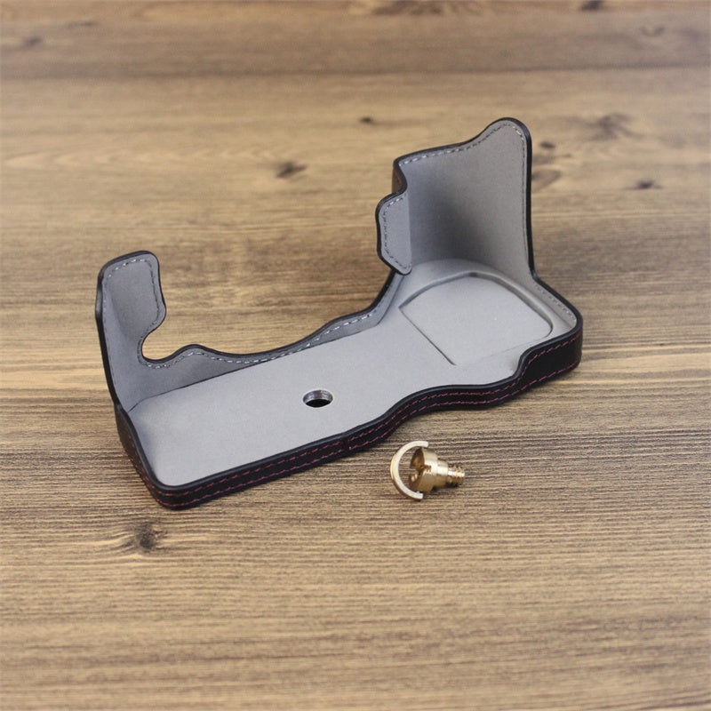 Uniqkart for Fujifilm X-H2s / X-H2 PU Leather Anti-scratch Camera Bottom Cover Large Opening Design Protective Half Body Case - Black