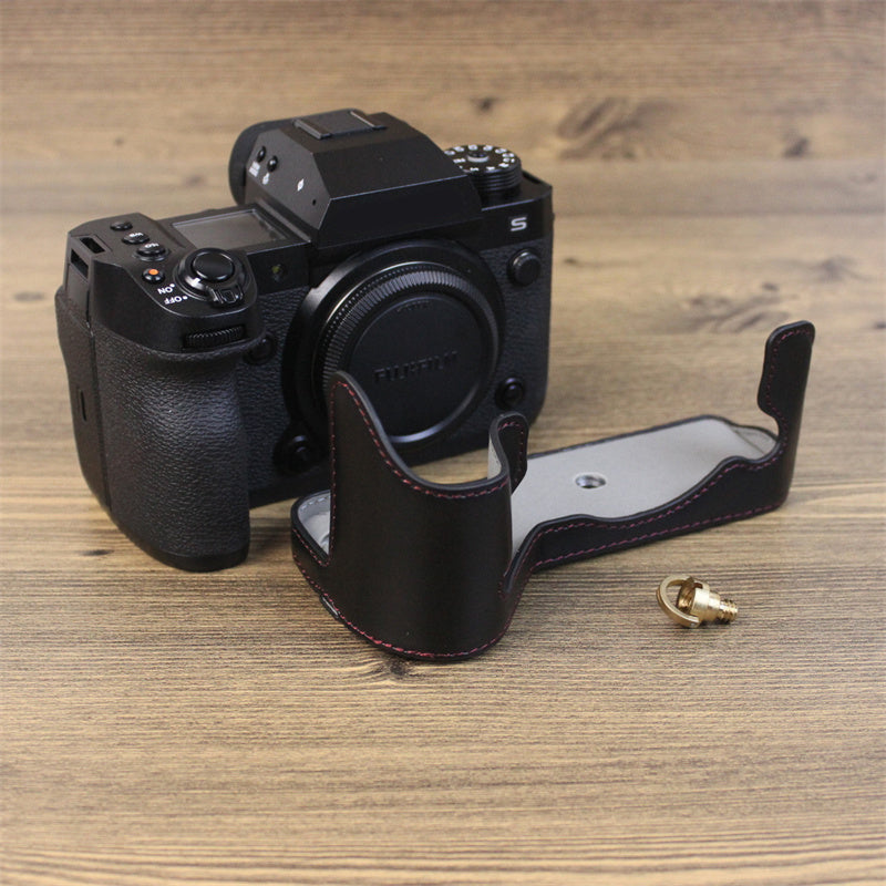 Uniqkart for Fujifilm X-H2s / X-H2 PU Leather Anti-scratch Camera Bottom Cover Large Opening Design Protective Half Body Case - Black