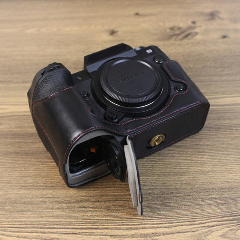 Uniqkart for Fujifilm X-H2s / X-H2 PU Leather Anti-scratch Camera Bottom Cover Large Opening Design Protective Half Body Case - Black