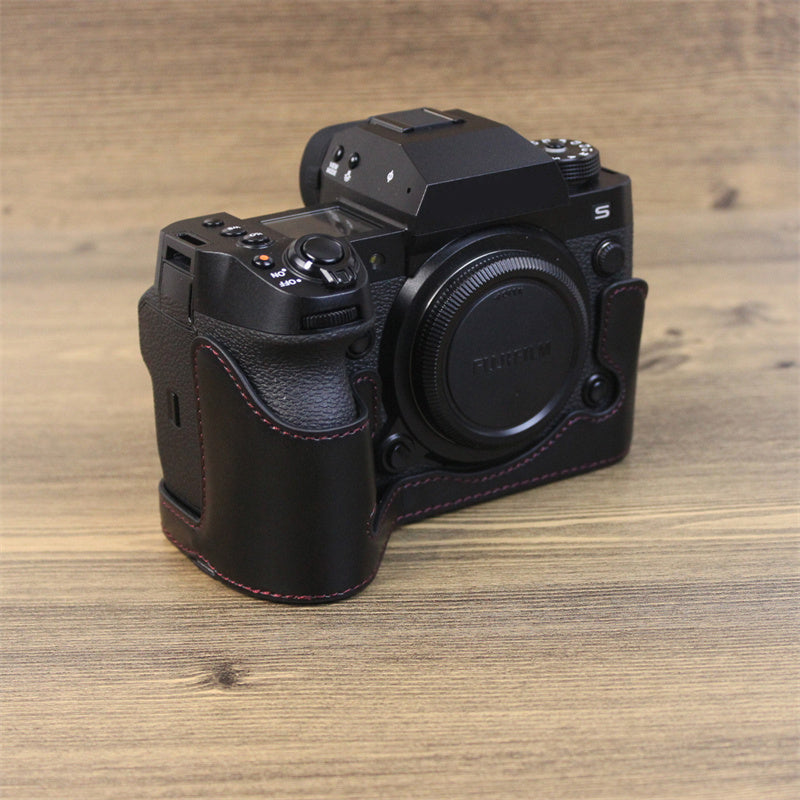 Uniqkart for Fujifilm X-H2s / X-H2 PU Leather Anti-scratch Camera Bottom Cover Large Opening Design Protective Half Body Case - Black