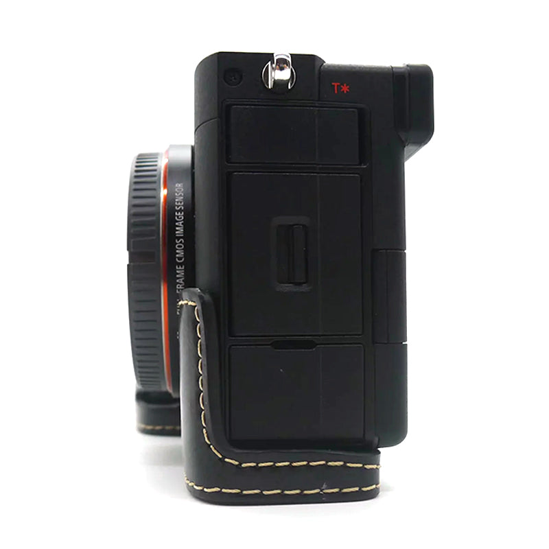 Uniqkart for Sony A7C PU Leather Camera Cover Half Protective Bottom Case with Battery Opening Design - Black