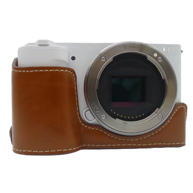for Sony ZV-E10 Camera Bottom Case Anti-scratch PU Leather Half Protective Cover with Battery Opening Design - Brown