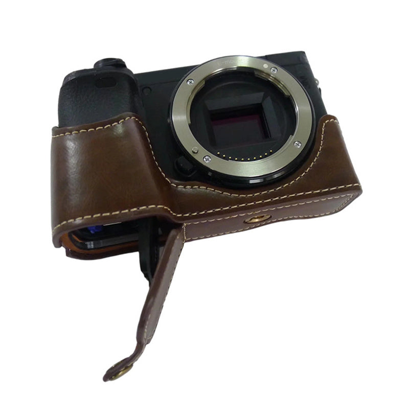 Uniqkart for Sony A6400 / A6300 / A6000 Camera Protective Half Body Cover PU Leather Bottom Case with Battery Opening - Coffee