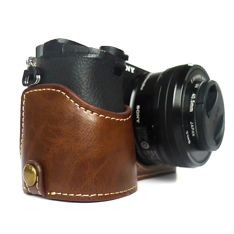 Uniqkart for Sony A6400 / A6300 / A6000 Camera Protective Half Body Cover PU Leather Bottom Case with Battery Opening - Coffee