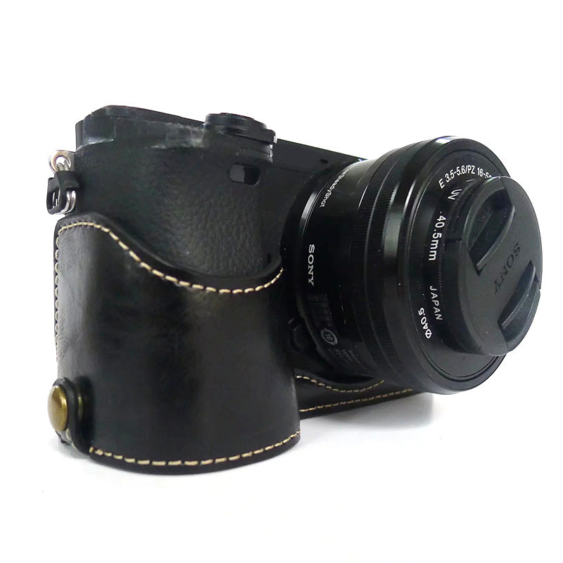Uniqkart for Sony A6400 / A6300 / A6000 Camera Protective Half Body Cover PU Leather Bottom Case with Battery Opening - Black