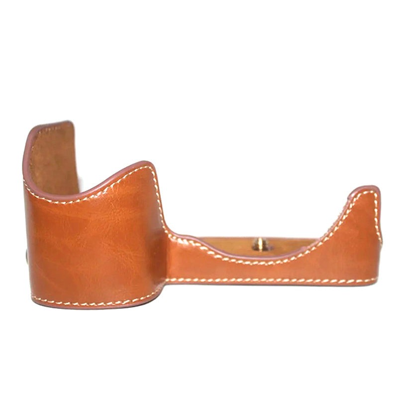 Uniqkart for Sony A6600 Anti-scratch PU Leather Camera Bottom Cover Battery Opening Design Half Body Protective Case with Hand Strap - Brown