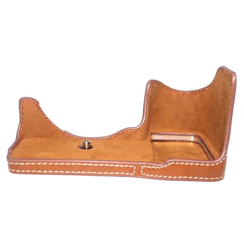 Uniqkart for Sony A6600 Anti-scratch PU Leather Camera Bottom Cover Battery Opening Design Half Body Protective Case with Hand Strap - Brown