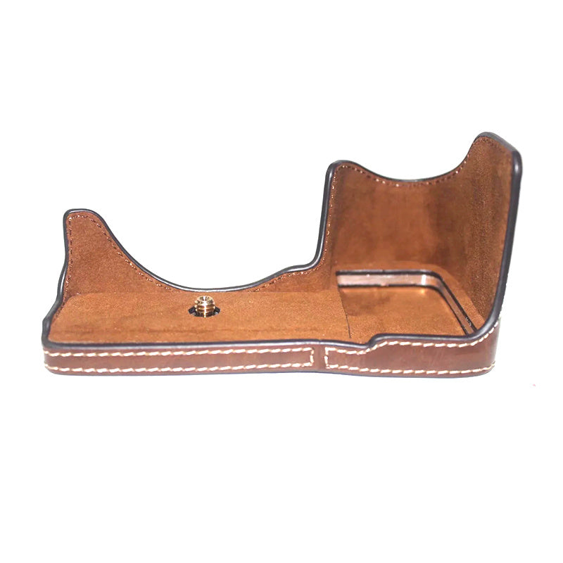 Uniqkart for Sony A6600 Anti-scratch PU Leather Camera Bottom Cover Battery Opening Design Half Body Protective Case with Hand Strap - Coffee