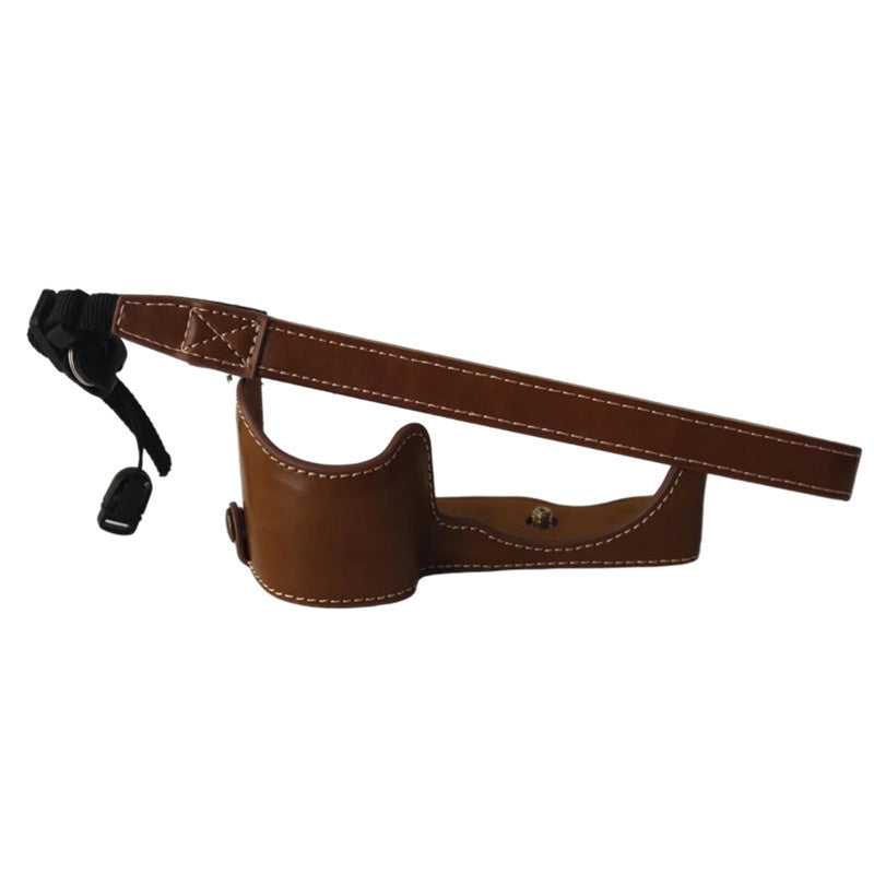 Uniqkart for Sony A6400 / A6300 / A6000 Battery Opening Bottom Case PU Leather Half Body Protective Cover with Hand Strap - Brown