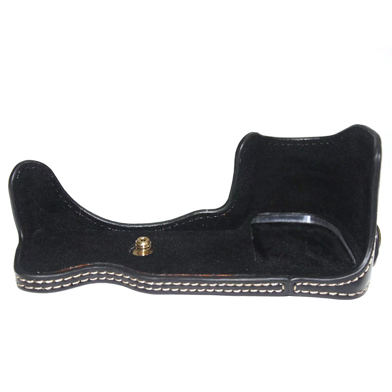 Uniqkart for Sony A6400 / A6300 / A6000 Battery Opening Bottom Case PU Leather Half Body Protective Cover with Hand Strap - Black