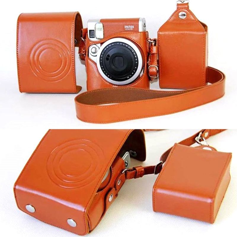 Uniqkart for Fujifilm Instax Mini 90 Synthetic Leather Camera Bag Protective Case with Film Case and Neck Strap - Brown