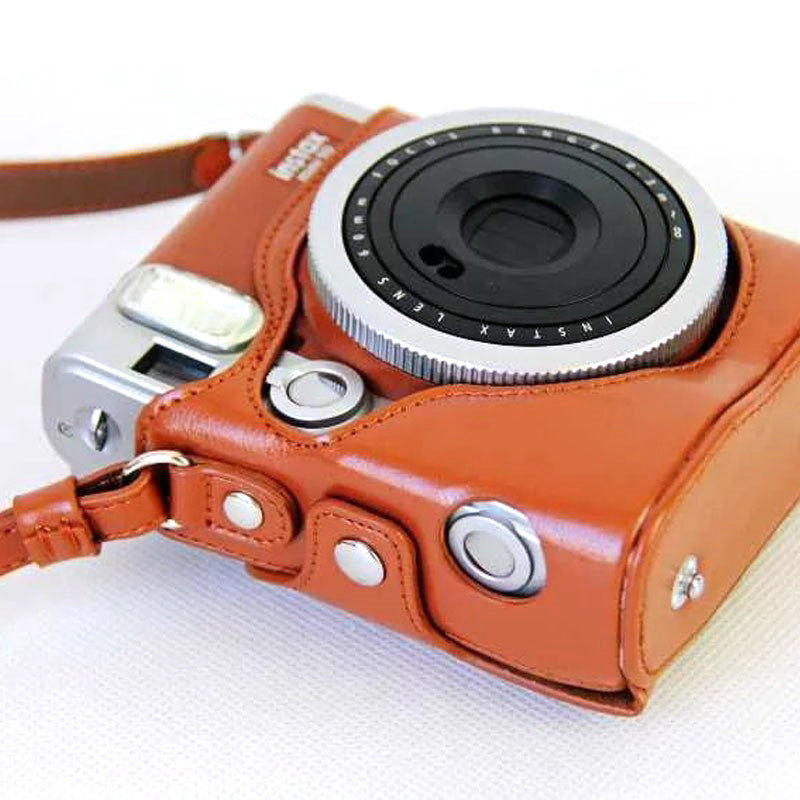 Uniqkart for Fujifilm Instax Mini 90 Synthetic Leather Camera Bag Protective Case with Film Case and Neck Strap - Brown