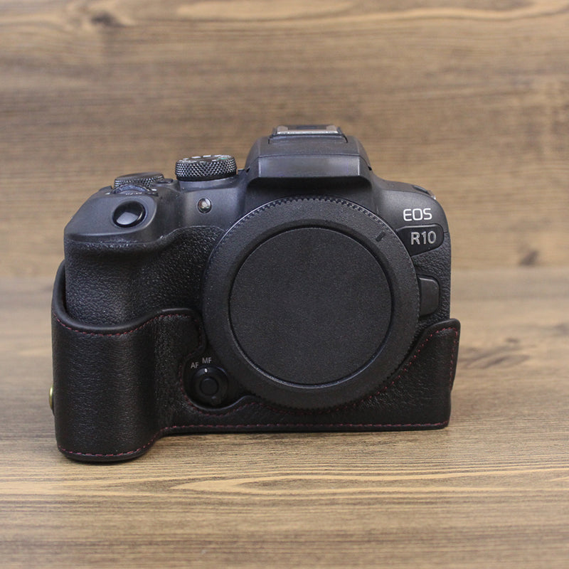 Genuine Leather Camera Bottom Case for Canon EOS R10, Anti-dust Camera Half Body Cover - Black