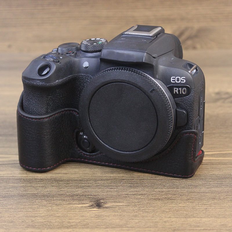 Genuine Leather Camera Bottom Case for Canon EOS R10, Anti-dust Camera Half Body Cover - Black