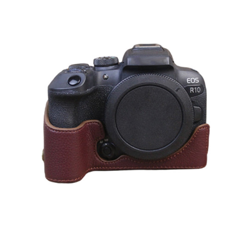 Genuine Leather Camera Bottom Case for Canon EOS R10, Anti-dust Camera Half Body Cover - Coffee