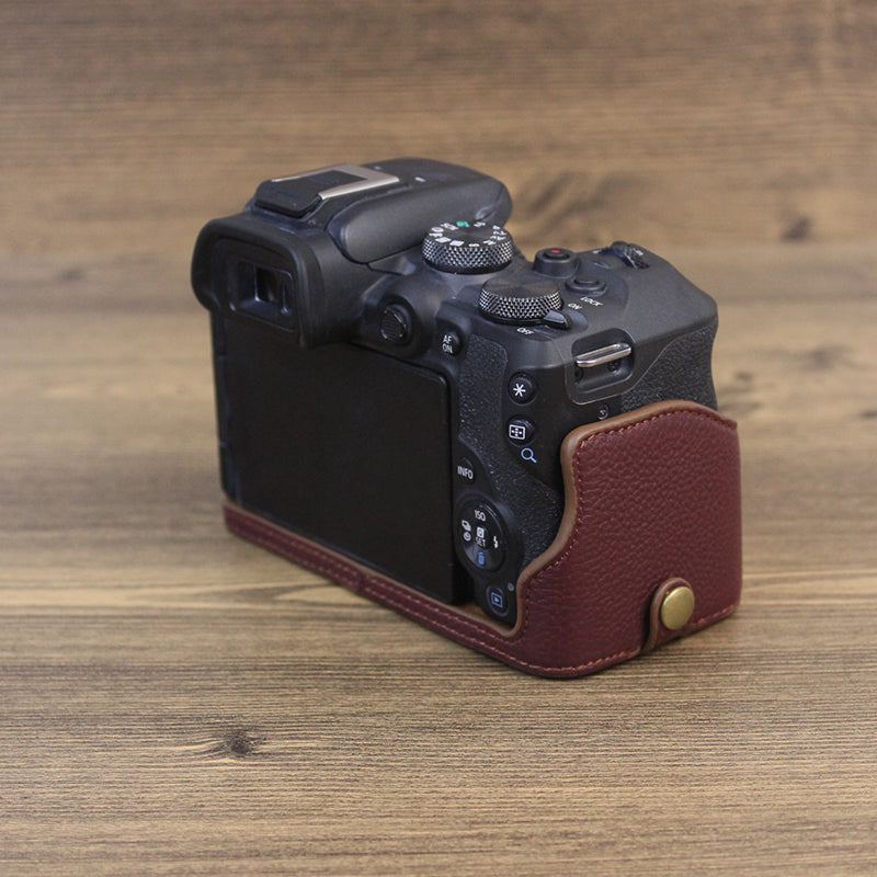 Genuine Leather Camera Bottom Case for Canon EOS R10, Anti-dust Camera Half Body Cover - Coffee