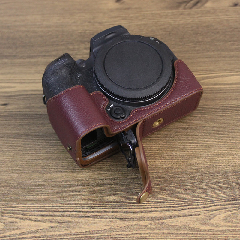 Genuine Leather Camera Bottom Case for Canon EOS R10, Anti-dust Camera Half Body Cover - Coffee