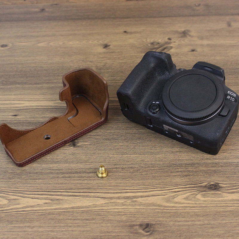 Genuine Leather Camera Bottom Case for Canon EOS R10, Anti-dust Camera Half Body Cover - Coffee