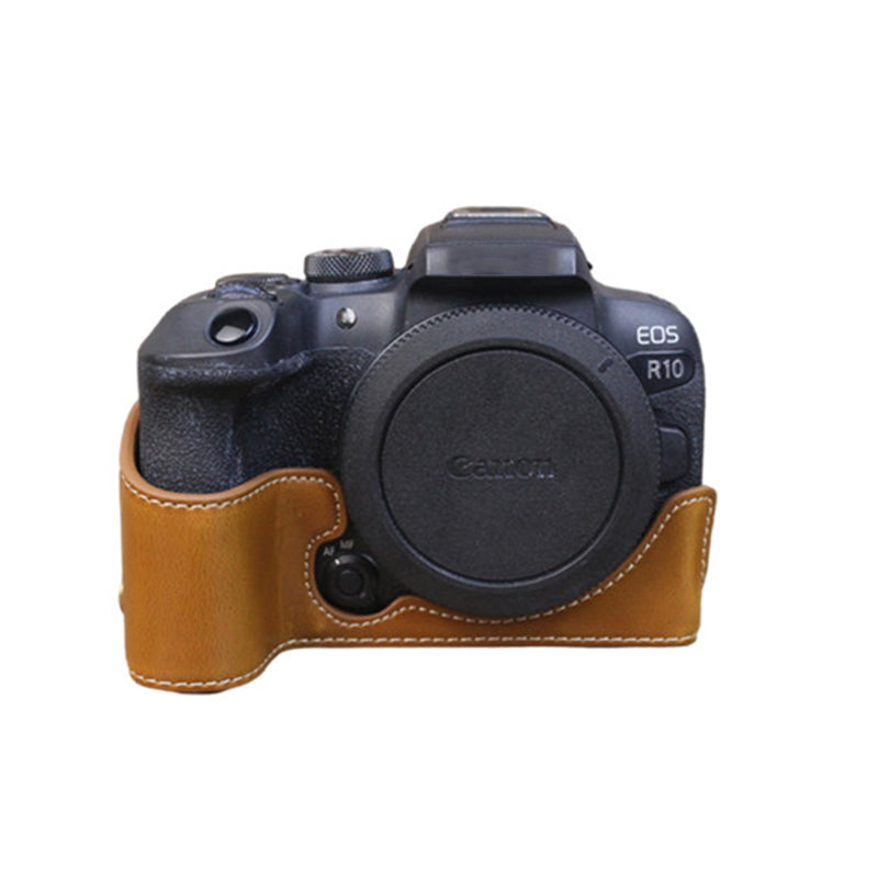 Uniqkart for Canon EOS R10 PU Leather Anti-scratch Camera Bottom Cover Large Opening Design Protective Half Body Case - Brown