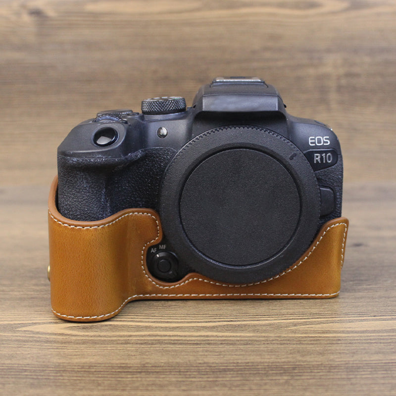 Uniqkart for Canon EOS R10 PU Leather Anti-scratch Camera Bottom Cover Large Opening Design Protective Half Body Case - Brown