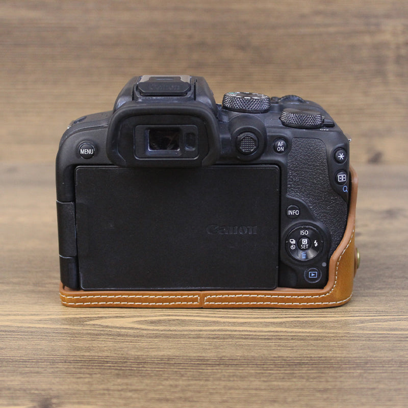 Uniqkart for Canon EOS R10 PU Leather Anti-scratch Camera Bottom Cover Large Opening Design Protective Half Body Case - Brown