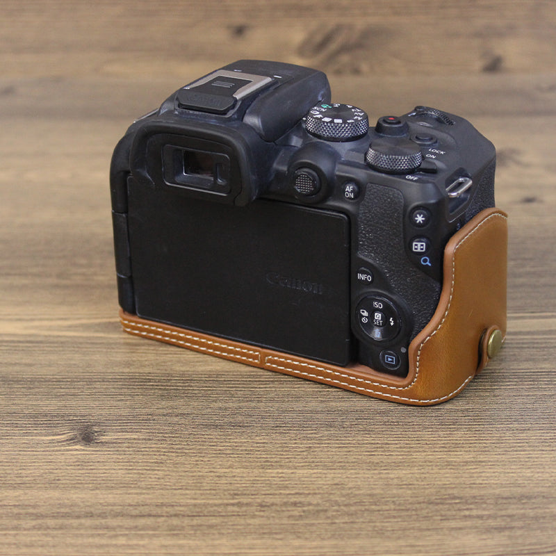 Uniqkart for Canon EOS R10 PU Leather Anti-scratch Camera Bottom Cover Large Opening Design Protective Half Body Case - Brown