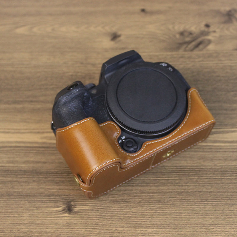Uniqkart for Canon EOS R10 PU Leather Anti-scratch Camera Bottom Cover Large Opening Design Protective Half Body Case - Brown