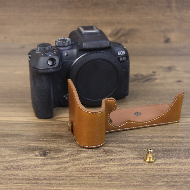 Uniqkart for Canon EOS R10 PU Leather Anti-scratch Camera Bottom Cover Large Opening Design Protective Half Body Case - Brown