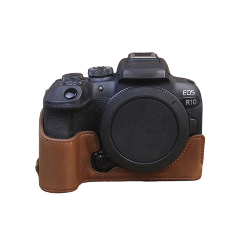 Uniqkart for Canon EOS R10 PU Leather Anti-scratch Camera Bottom Cover Large Opening Design Protective Half Body Case - Coffee