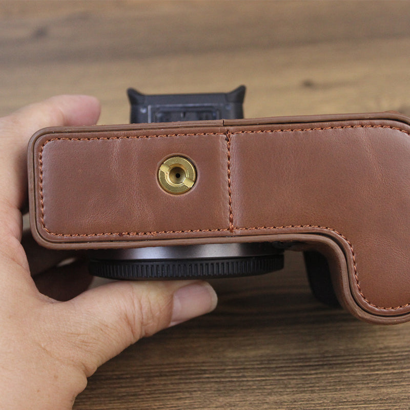 Uniqkart for Canon EOS R10 PU Leather Anti-scratch Camera Bottom Cover Large Opening Design Protective Half Body Case - Coffee