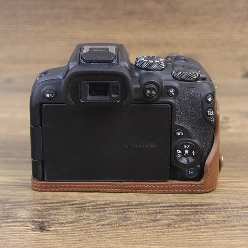 Uniqkart for Canon EOS R10 PU Leather Anti-scratch Camera Bottom Cover Large Opening Design Protective Half Body Case - Coffee
