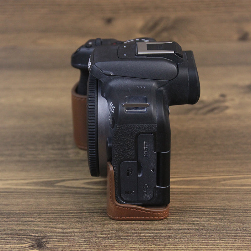 Uniqkart for Canon EOS R10 PU Leather Anti-scratch Camera Bottom Cover Large Opening Design Protective Half Body Case - Coffee