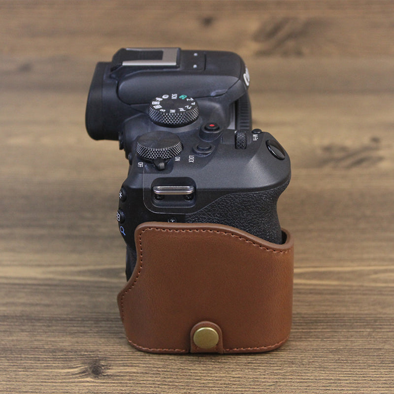 Uniqkart for Canon EOS R10 PU Leather Anti-scratch Camera Bottom Cover Large Opening Design Protective Half Body Case - Coffee