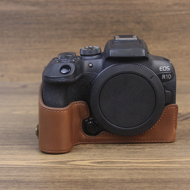 Uniqkart for Canon EOS R10 PU Leather Anti-scratch Camera Bottom Cover Large Opening Design Protective Half Body Case - Coffee