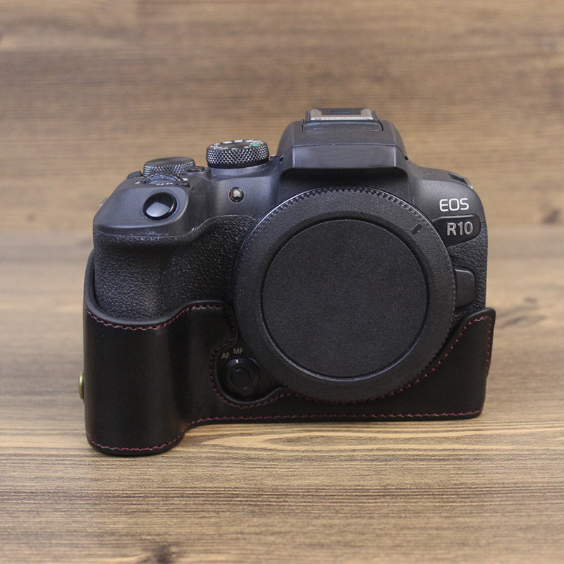 Uniqkart for Canon EOS R10 PU Leather Anti-scratch Camera Bottom Cover Large Opening Design Protective Half Body Case - Black