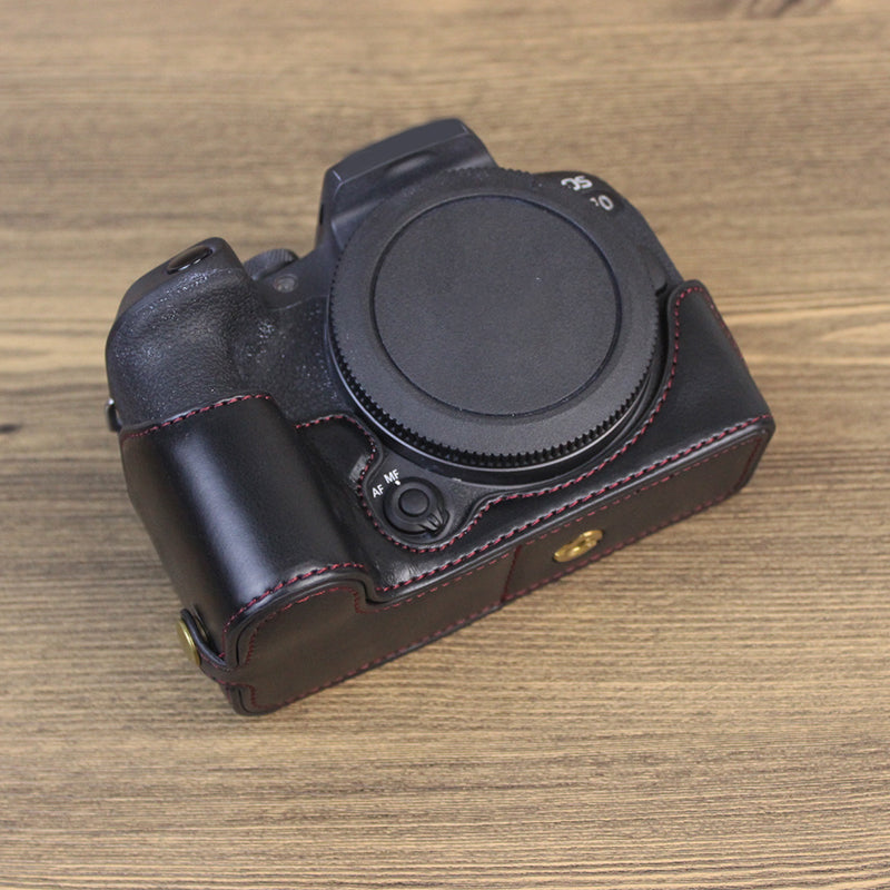 Uniqkart for Canon EOS R10 PU Leather Anti-scratch Camera Bottom Cover Large Opening Design Protective Half Body Case - Black