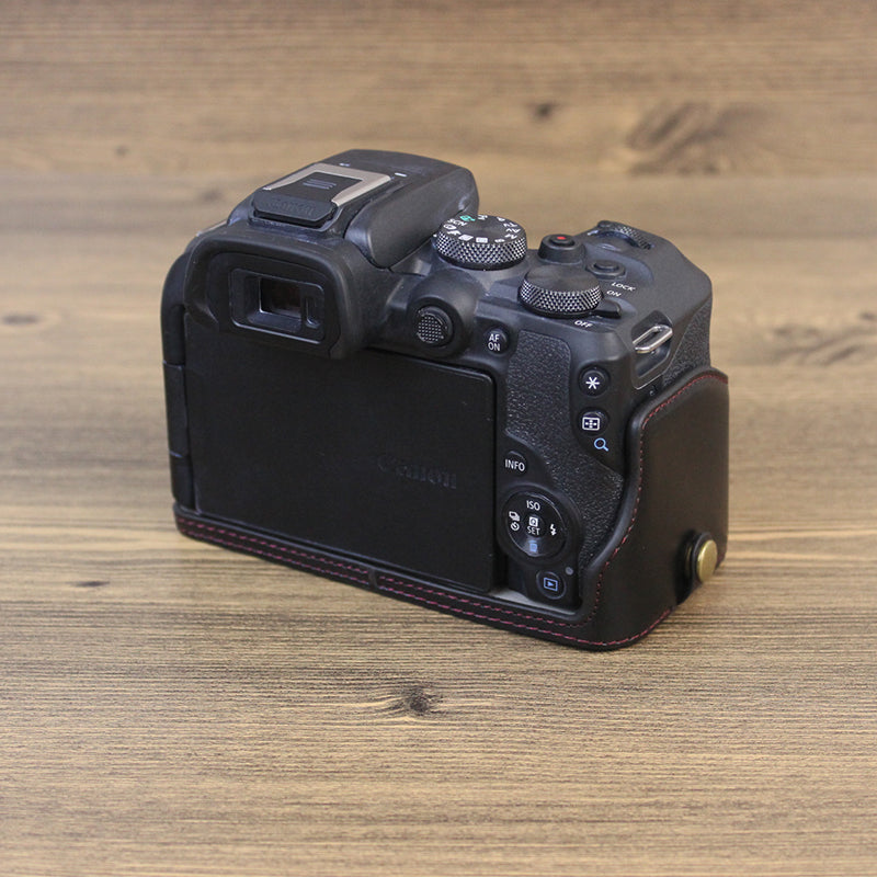 Uniqkart for Canon EOS R10 PU Leather Anti-scratch Camera Bottom Cover Large Opening Design Protective Half Body Case - Black