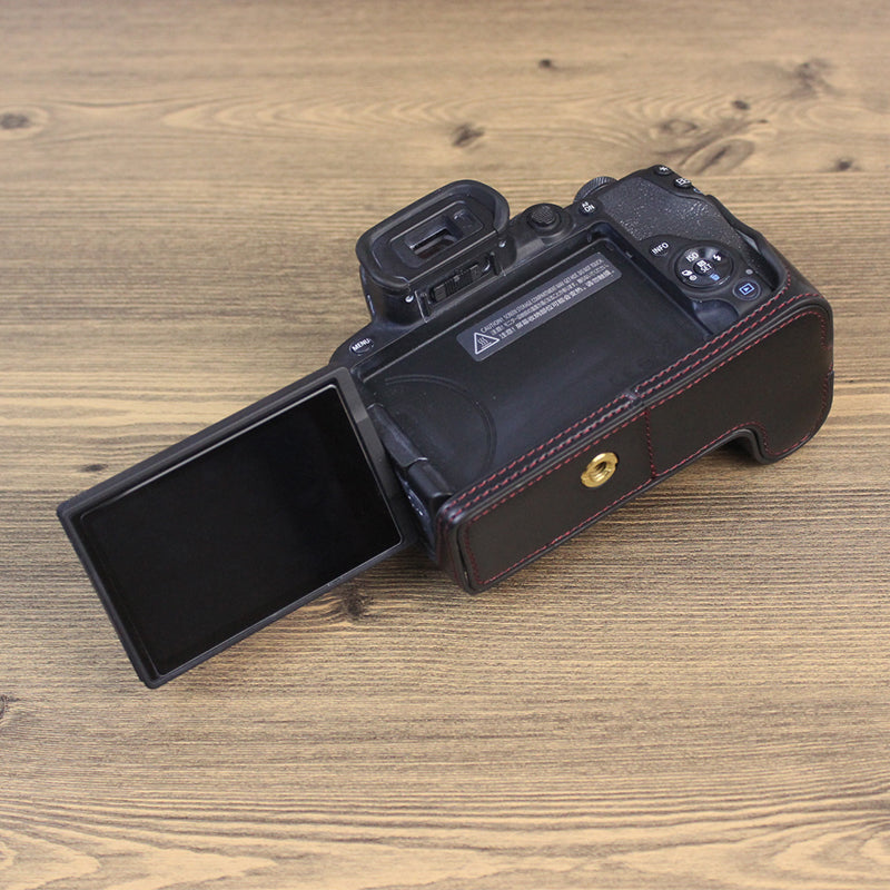 Uniqkart for Canon EOS R10 PU Leather Anti-scratch Camera Bottom Cover Large Opening Design Protective Half Body Case - Black