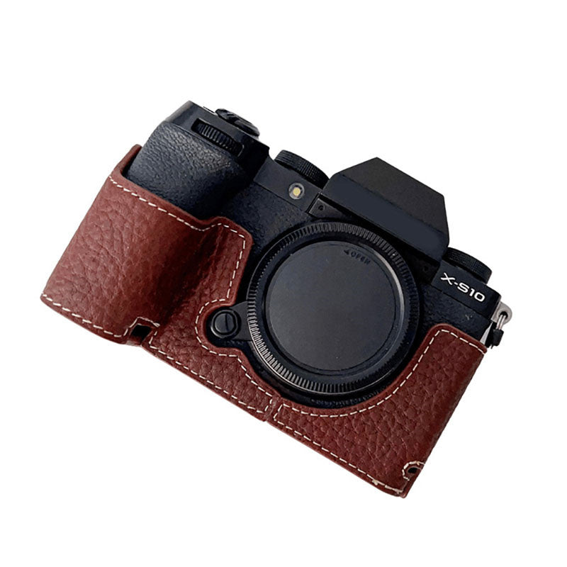 Genuine Leather Half Cover Case for Fujifilm X-S10 Camera, Anti-scratch Protective Cover with Battery Opening - Coffee