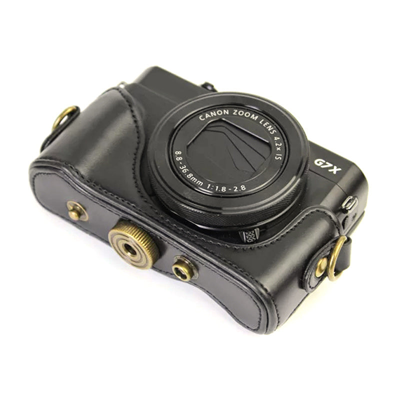 Uniqkart for Canon G7X Mark II / G7X Mark III Vintage Protective Cover Detachable PU Leather Camera Bag with Shoulder Strap - Black