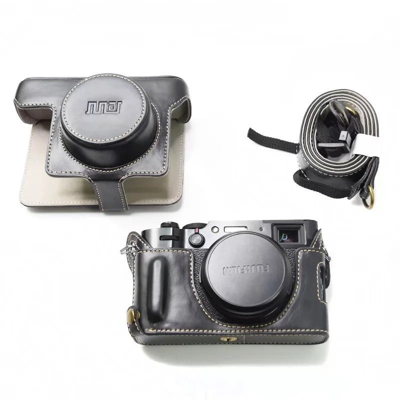Uniqkart for FUJIFILM X100V / X100F Detachable Camera Case Bag, Battery Opening Design PU Leather + Flannel Lining Protective Cover with Shoulder Strap - Black