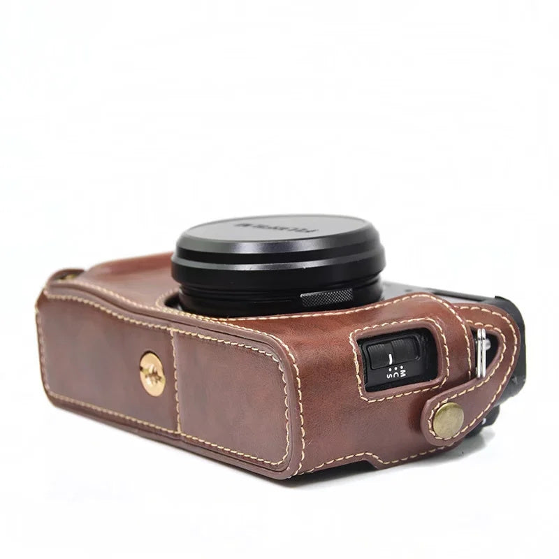 for FUJIFILM X100V / X100F Detachable Camera Case Bag, Battery Opening Design PU Leather + Flannel Lining Protective Cover with Shoulder Strap - Coffee