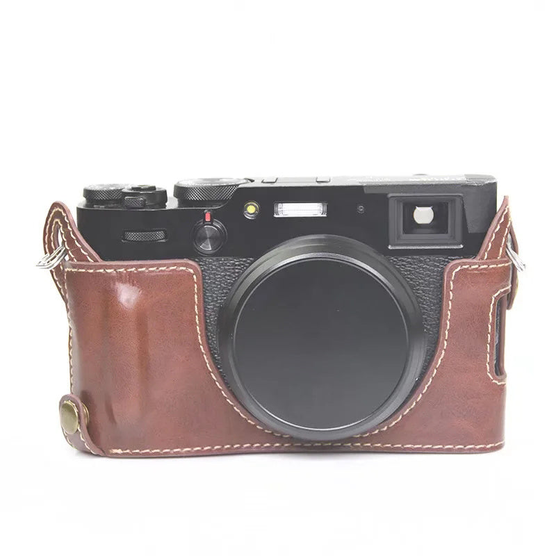 for FUJIFILM X100V / X100F Detachable Camera Case Bag, Battery Opening Design PU Leather + Flannel Lining Protective Cover with Shoulder Strap - Coffee