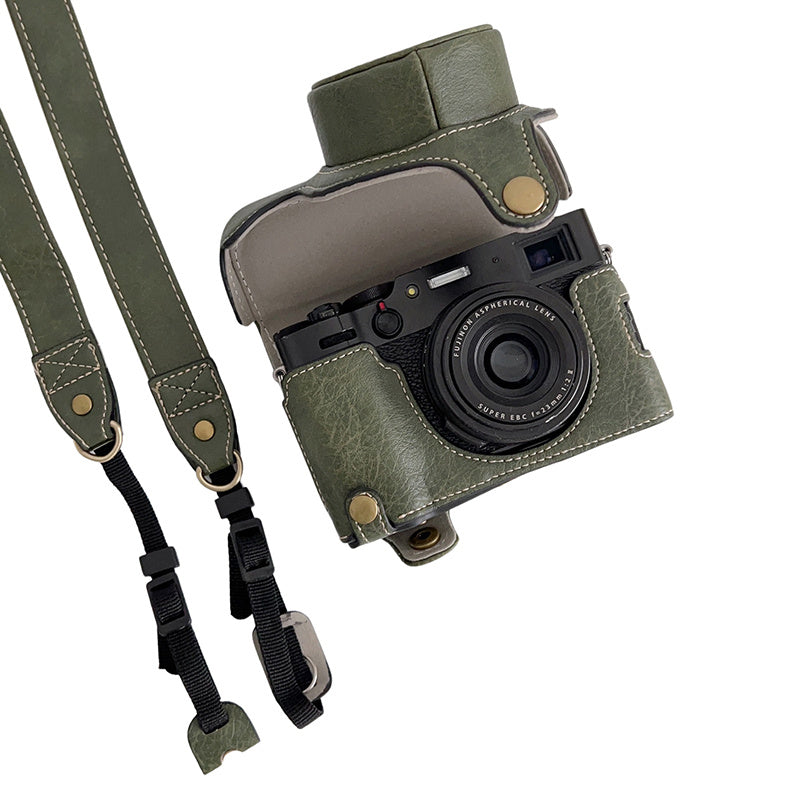 Uniqkart for FUJIFILM X100V / X100F Textured PU Leather Protective Cover Detachable Camera Case Bag with Battery Opening Design and Shoulder Strap - Green
