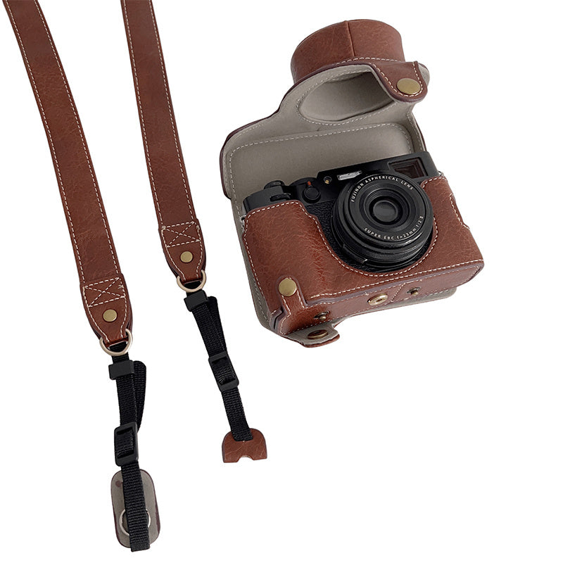 Uniqkart for FUJIFILM X100V / X100F Textured PU Leather Protective Cover Detachable Camera Case Bag with Battery Opening Design and Shoulder Strap - Coffee