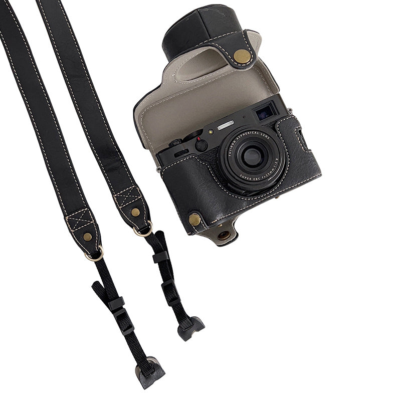 Uniqkart for FUJIFILM X100V / X100F Textured PU Leather Protective Cover Detachable Camera Case Bag with Battery Opening Design and Shoulder Strap - Black