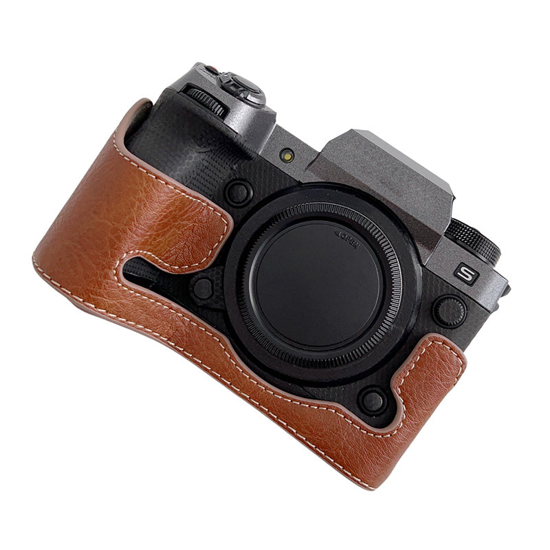 Uniqkart for Fujifilm X-H2s / X-H2 Buffalo Texture PU Leather Camera Bottom Case Half Body Protective Cover with Battery Opening - Brown
