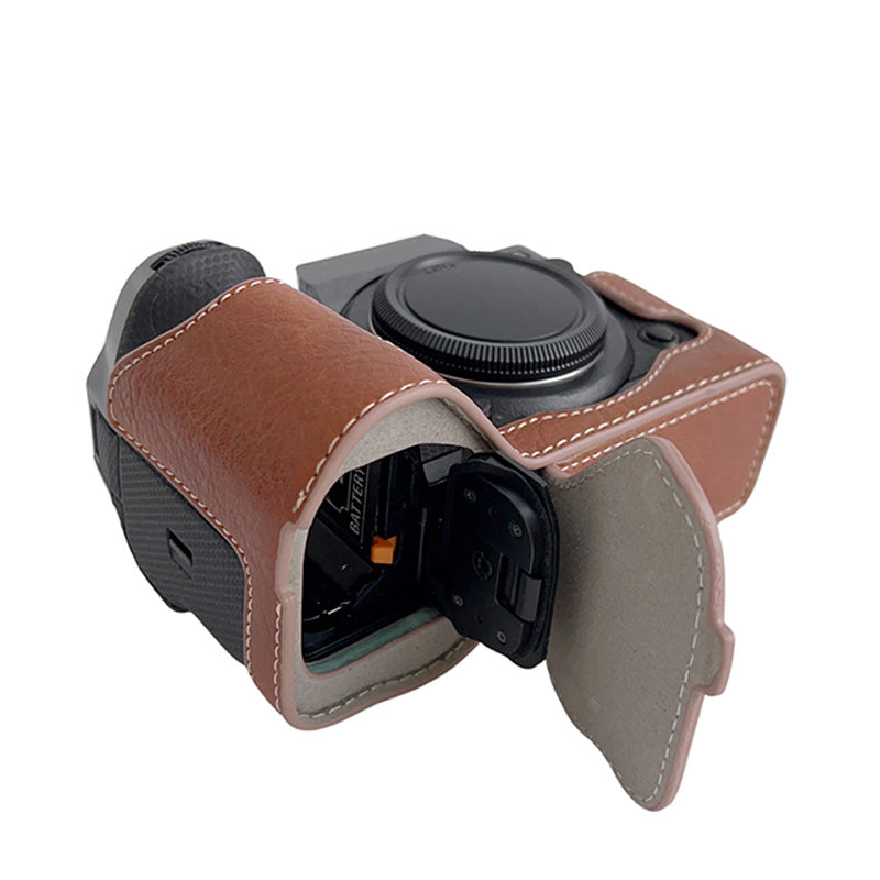 Uniqkart for Fujifilm X-H2s / X-H2 Buffalo Texture PU Leather Camera Bottom Case Half Body Protective Cover with Battery Opening - Brown