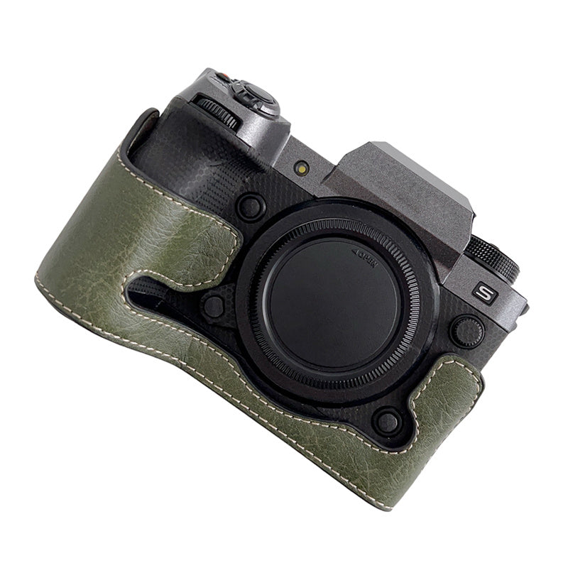 Uniqkart for Fujifilm X-H2s / X-H2 Buffalo Texture PU Leather Camera Bottom Case Half Body Protective Cover with Battery Opening - Green