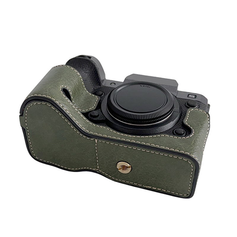 Uniqkart for Fujifilm X-H2s / X-H2 Buffalo Texture PU Leather Camera Bottom Case Half Body Protective Cover with Battery Opening - Green